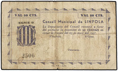 Catalonia. 50 Cèntims. 25 Març 1937. C.M. de LINYOLA. (Algo sucio). AT-1308a. MBC.