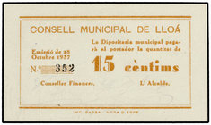 Catalonia. 15 Cèntims. 28 Octubre 1937. C.M. de LLOÀ. RARO. AT-1363c. SC.