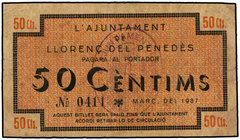 Catalonia. 50 Cèntims. Març 1937. Aj. de LLORENS DEL PENEDÈS. (Pequeñas manchitas y pequeñas roturas en margen). RARO. AT-1369. MBC+.