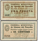 Catalonia. Lote 2 billetes 25 Cèntims y 1Pesseta. 19 Març 1937. C.M. de LLORENS DEL PANADÈS. AT-11370, 1371. MBC+ a EBC-.