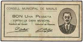 Catalonia. Bon 1 Pesseta. 1 Juliol 1937. C.M. de MAIALS. (Leves manchitas). MUY ESCASO. AT-1397a. MBC+.