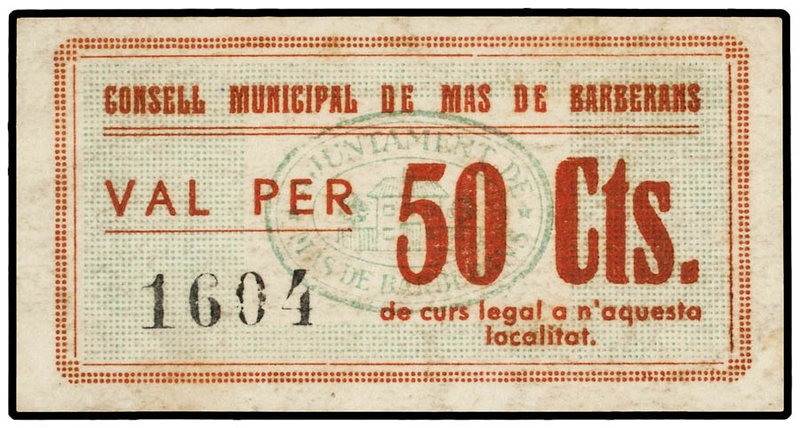 Catalonia. 50 Cèntims. C.M. de MAS DE BARBERANS. (Leves manchitas). MUY RARO. AT...