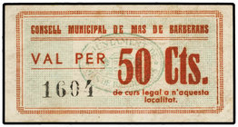 Catalonia. 50 Cèntims. C.M. de MAS DE BARBERANS. (Leves manchitas). MUY RARO. AT-1455. EBC.