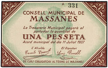 Catalonia. 1 Pesseta. 11 Juliol 1937. C.M. de MASSANES. RARO. AT-1485a. EBC+.