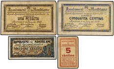 Catalonia. Lote 4 billetes 5, 25, 50 Cèntims y 1 Pesseta. 1 Octubre 1937 a 8 Juny 1937. Aj. de MONTBLANC. A EXAMINAR. AT-1539, 1540, 1541. MBC a MBC+....
