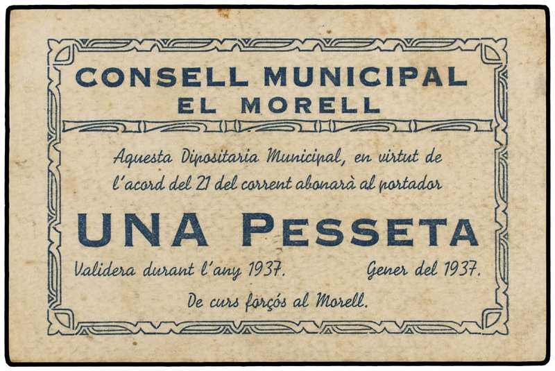 Catalonia. 1 Pesseta. Gener 1937. C.M. d´EL MORELL. (Levísimas manchitas). RARO....