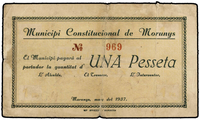 Catalonia. 1 Pesseta. Març 1937. Municipi Constitucional de MORUNYS. (Pequeñas r...