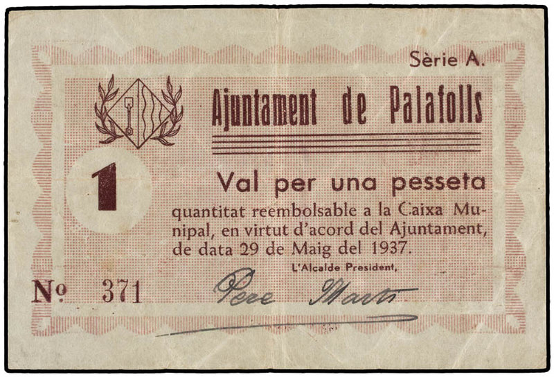 Catalonia. 1 Pesseta. 29 Maig 1937. Aj. de PALAFOLLS. MUY ESCASO. AT-1734. MBC+.