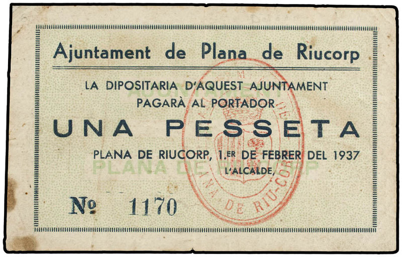 Catalonia. 1 Pesseta. 1 Febrer 1937. Aj. de PLANA DE RIUCORP. (Pequeñas manchita...