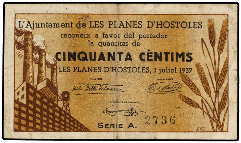 Catalonia. 50 Cèntims. 1 Juliol 1937. Aj. de LES PLANES D´HOSTOLES. ESCASO. AT-1...