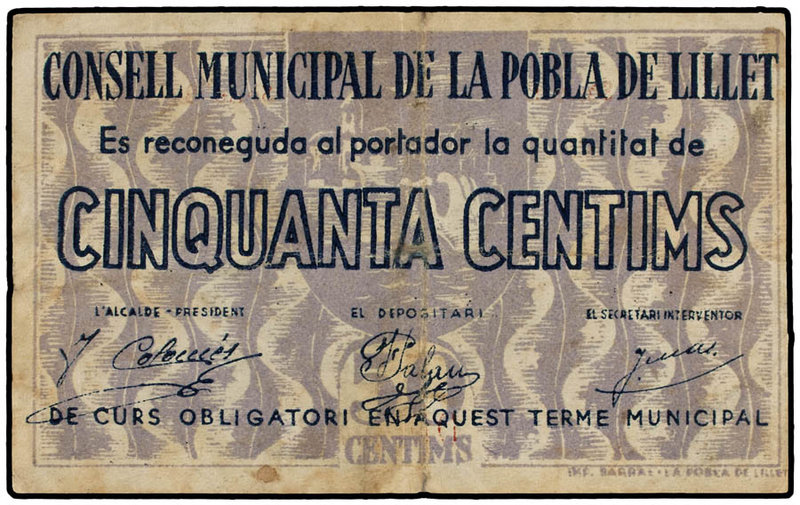 Catalonia. 50 Cèntims. C.M. de LA POBLA DE LILLET. AT-1904a. MBC.