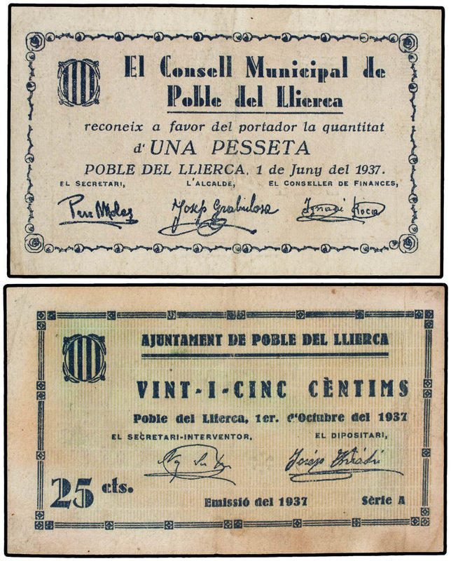 Catalonia. Lot 2 billets 25 Cèntims y 1 Pesseta. 1 Juny 1937 y 1 Octubre 1937.. ...