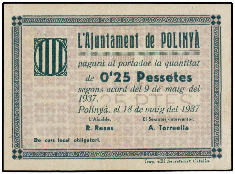 Catalonia. 0,25 Pessetes. 9 Maig 1937. Aj. de POLINYÀ. ESCASO. AT-2028a. EBC-.