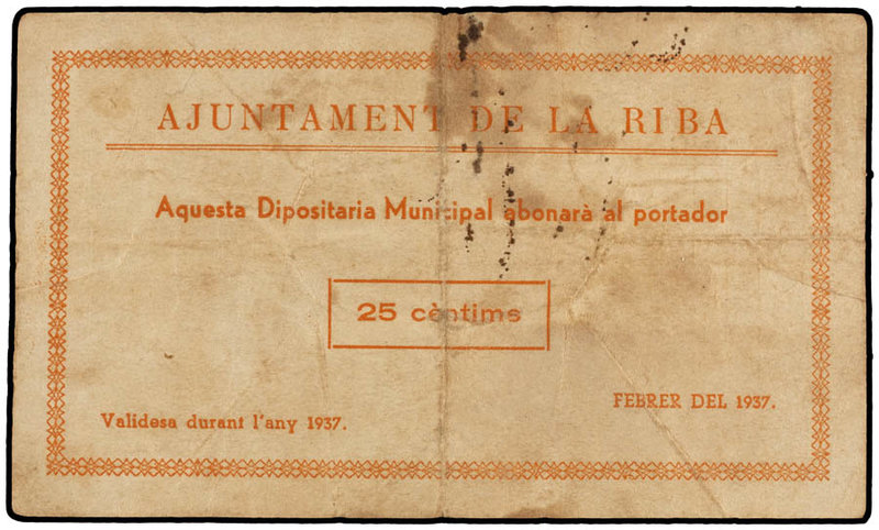 Catalonia. 25 Cèntims. Febrer 1937. Aj. de LA RIBA. (Manchitas. Señal de óxido d...