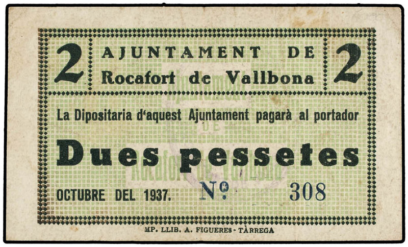 Catalonia. 2 Pessetes. Octubre 1937. Aj. de ROCAFORT DE VALLBONA. RARO. AT-2180a...