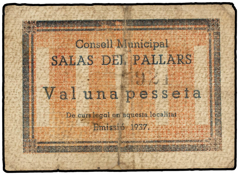 Catalonia. 1 Pesseta. 1937. C.M. de SALAS DE PALLARS. (Reparación doblez central...