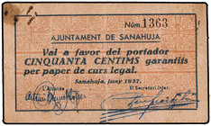 Catalonia. 50 Cèntims. Juny 1937. Aj. de SANAHUJA. (Manchitas). RARO. AT-2273. MBC+.