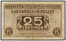 Catalonia. 25 Céntimos. Junio 1937. Federación de Colectividades SARDAÑOLA. RIPOLLET. (Leves manchas). T-2635. MBC.