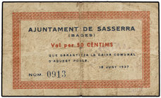 Catalonia. 50 Cèntims. 18 Juny 1937. Aj. de SASSERRA. (Algo sucio en anverso). ESCASO. AT-2300. MBC.