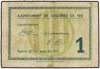 Catalonia. 1 Pesseta. Maig 1937. Aj. de SEGURIES DE TER. ESCASO. AT-2311. MBC.