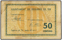 Catalonia. 50 Cèntims. Maig 1937. Aj. de SEGURIES DE TER. (Pequeñas manchitas y restos de adhesivo en reverso). ESCASO. AT-2312. MBC+.