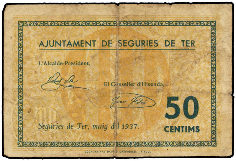 Catalonia. 50 Cèntims. Maig 1937. Aj. de SEGURÍES DE TER. (Leves roturas). AT-23...