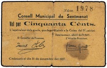 Catalonia. 50 Cèntims. Abril 1937. C.M. de SENTMENAT. (Mancha. Leves roturas). AT-2341. MBC-.