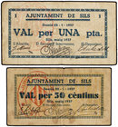 Catalonia. 1 Pesseta. 22-5-1937. Aj. de SILS. (Pequeñas manchitas). ESCASO. AT-2377b. MBC.