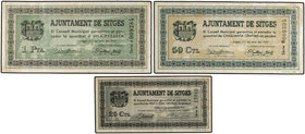 Catalonia. Lote 3 billetes 25, 50 Cèntims y 1 Pesseta. 1 Juny 1937. Aj. de SITGES. AT-2379/2381. MBC a MBC+.