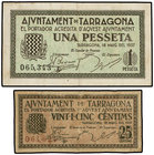 Catalonia. Lote 2 billetes 25 Cèntims y 1 Pesseta. 18 Maig 1937. Aj. de TARRAGONA. A EXAMINAR. AT-2436, 2438. MBC+.