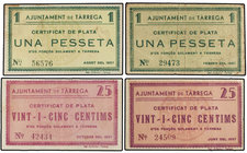 Catalonia. Lote 4 billetes 25 Cèntims (2) y 1 Pesseta (2). Febrer a Octubre 1937. Aj. de TÀRREGA. 25 Cèntims Juny 1937 AT-2443 y Octubre 1937 AT-2445;...