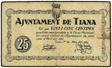 Catalonia. 25 Cèntims. 11 Abril 1937. Aj. de TIANA. (Pequeñas manchas). AT-2465. MBC.