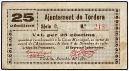 Catalonia. 25 Cèntims. 8 Setembre 1937. Aj. de TORDERA. (Leves manchitas). AT-2512. MBC+.