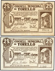 Catalonia. Lote 2 billetes 25 Cèntims. 15 Juliol 1937. C.M. de TORELLÓ. AT-2514, 2514ab. EBC.