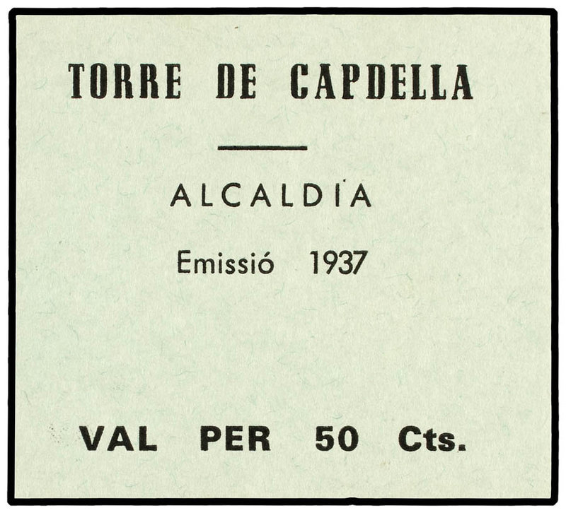 Catalonia. 50 Cèntims. Emissió 1937. Alcaldía de TORRE DE CAPDELLA. Cartulina. T...