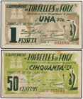 Catalonia. Lote 2 billetes 50 Cèntims y 1 Pesseta. Juny 1937. Aj. de TORRELLES DE FOIX. AT-2553b, 2554. MBC+ y EBC.