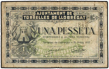 Catalonia. 1 Pesseta. 10 Maig 1937. Aj. de TORRELLES DE LLOBREGAT. (Pequeñas roturas). ESCASO. AT-2555b. MBC-.