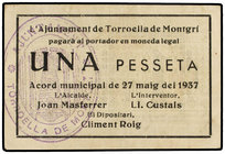 Catalonia. 1 Pesseta. 27 Maig 1937. Aj. de TORROELLA DE MONTGRÍ. Nº 09999. ESCASO. AB-2563. EBC+.