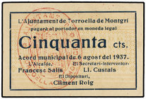 Catalonia. 50 Cèntims. 6 Agost 1937. Aj. de TORROELLA DE MONTGRÍ. ESCASO. AT-2565. SC.