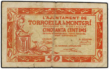 Catalonia. 50 Cèntims. 12 Novembre 1937. Aj. de TORROELLA DE MONTGRÍ. (Pequeñas manchitas). AT-2567. MBC.