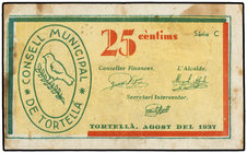 Catalonia. 25 Cèntims. Agost 1937. C.M. de TORTELLÀ. (Manchas). AT-2577a. MBC.