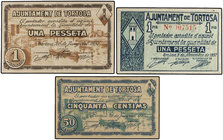 Catalonia. Lote 3 billetes 50 Cèntims y 1 Pesseta (2). 26 Juny 1937 (2) y 9 Noviembre 1937. Aj. de TORTOSA. AT-2578, 2579, 2580. EBC- a SC-.