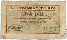 Catalonia. 1 Pesseta. 1 Juliol 1937. Aj. d´URTG. (Leves manchitas). RARO. AT-2624. MBC.