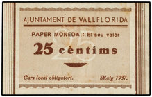 Catalonia. 25 Cèntims. Maig 1937. Aj. de VALLFLORIDA. (Leves manchitas). AT-2662. EBC-.