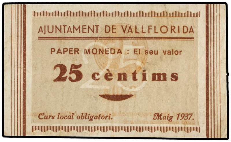 Catalonia. 25 Cèntims. Maig 1937. Aj. de VALLFLORIDA. AT-2662. MBC+.