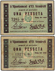 Catalonia. Lote 2 billetes 1 Pesseta. Maig 1937. Aj. d´EL VENDRELL. AT-2710, 2710a. MBC y EBC.