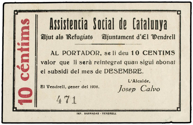 Catalonia. 10 Cèntims. Gener 1938. Assistència Social de Catalunya. Aj. d´EL VEN...