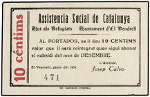 Catalonia. 10 Cèntims. Gener 1938. Assistència Social de Catalunya. Aj. d´EL VENDRELL. AJUT ALS REFUGIATS. MUY RARO. AT-2727. EBC.