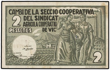 Catalonia. 2 Pessetes. Sindicat Agrícola Cooperatiu de VIC. ESCASO. RGH-10633; T-3156. EBC-.