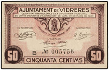 Catalonia. 50 Cèntims. Octubre 1937. Aj. de VIDRERES. AT-2741. EBC.